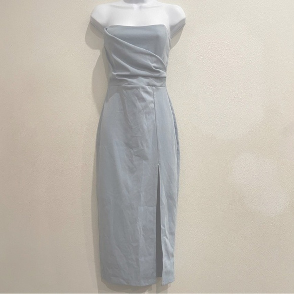 NEW Windsor Light Blue Strapless Draped Midi Dress Side Slit Size‎ M